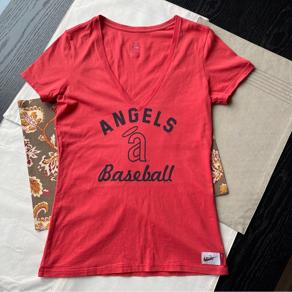 Size S Nike Los Angeles Angels Deep V Neck T Shirt Red Cotton Short Sleeve   In